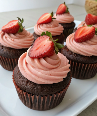 Vegan Chocolate Cupcakes with Strawberry Frosting