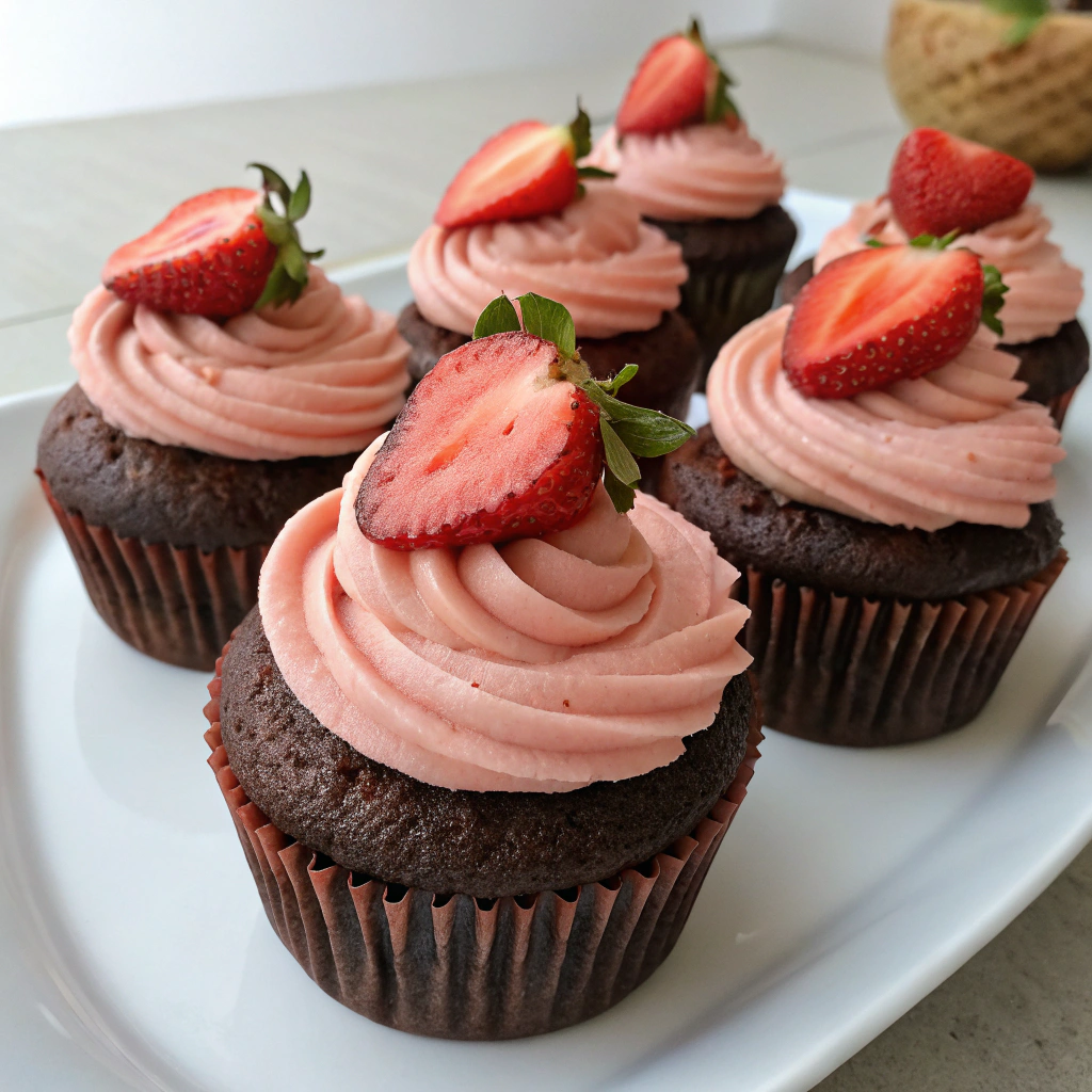 Vegan Chocolate Cupcakes with Strawberry Frosting